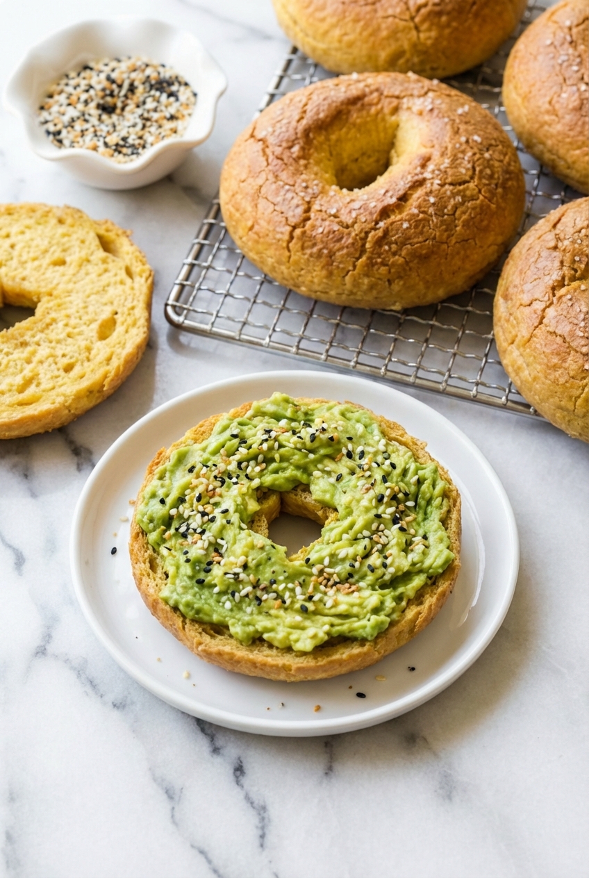 Protein Bagels with Cottage Cheese served in a minimalist ceramic vessel on a white marble surface with soft natural lighting.