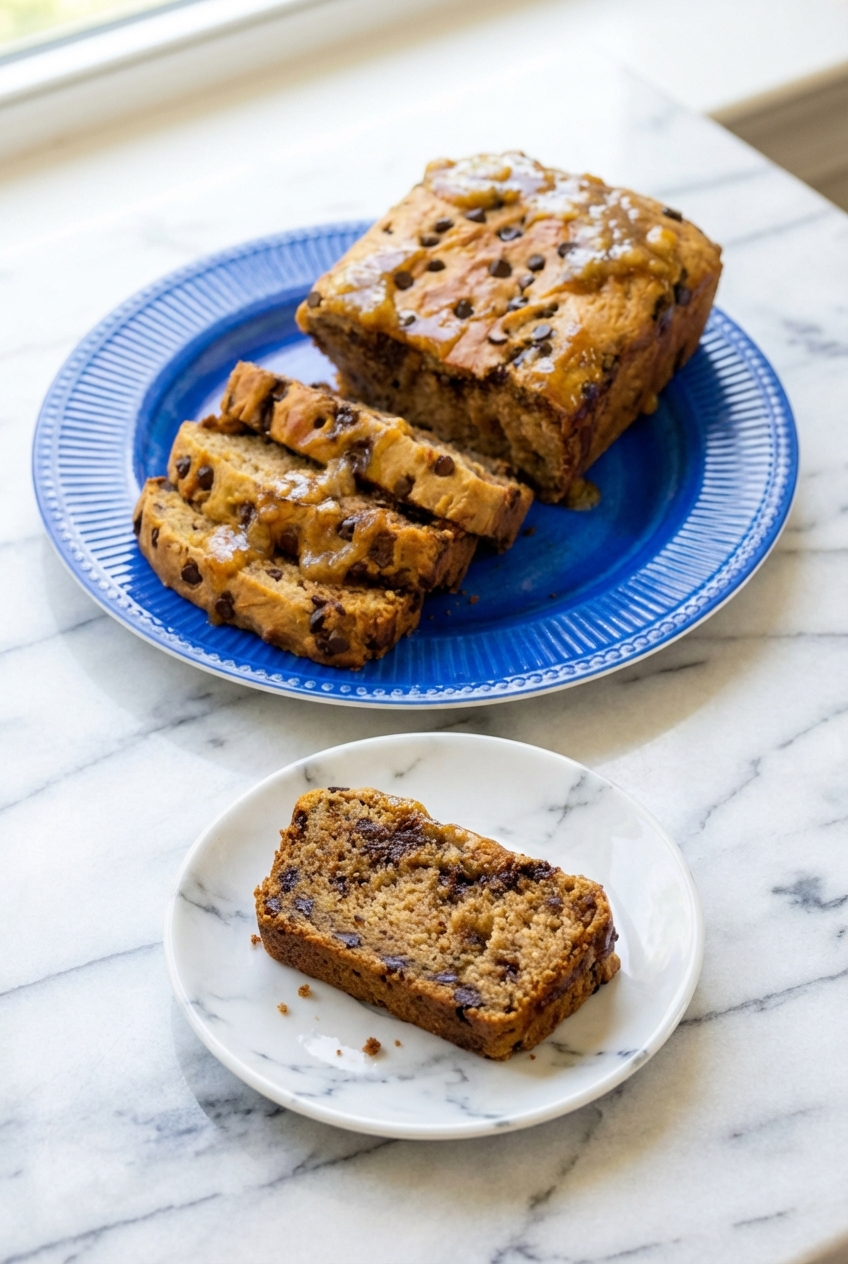 A slice of Protein Banana Bread served in a minimalist ceramic vessel on a contemporary countertop, showing the soft shadows of natural lighting.