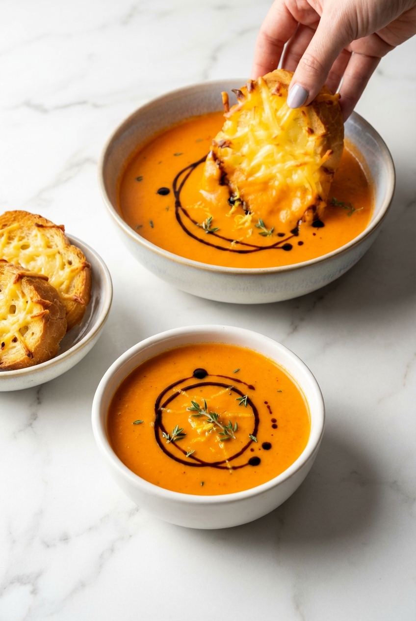 Roasted Red Pepper Soup served in a ceramic bowl next to a toasted baguette on a white surface with natural window lighting.
