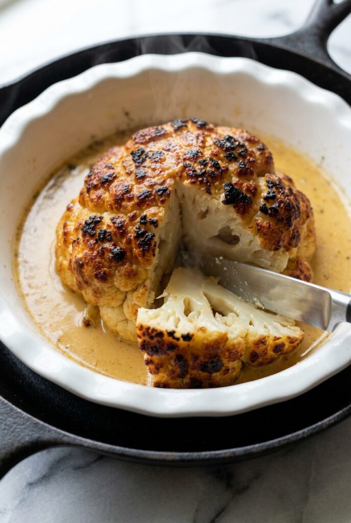 A slice of knife-tender Whole Roasted Cauliflower in a minimalist ceramic bowl under soft natural window lighting.