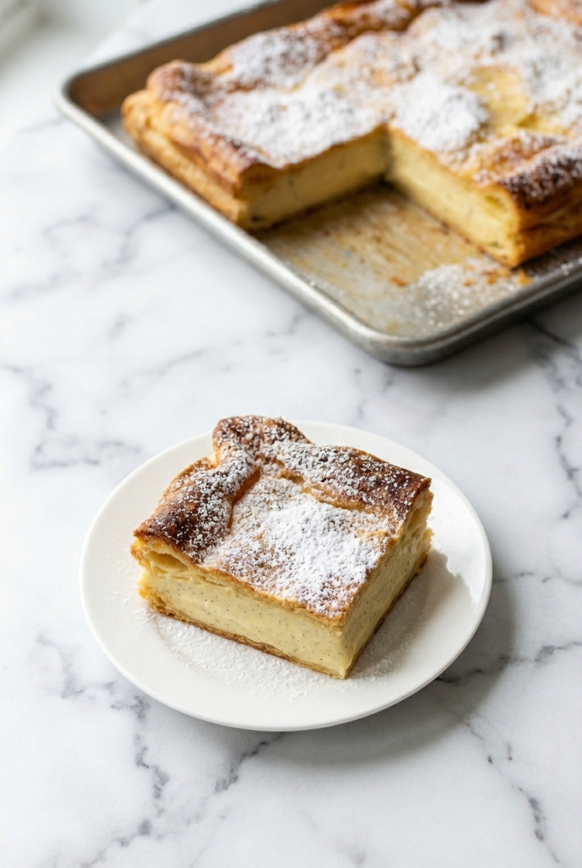 Slices of Vanilla Custard Cream Squares dusted with powdered sugar on a minimalist ceramic vessel in soft natural lighting.