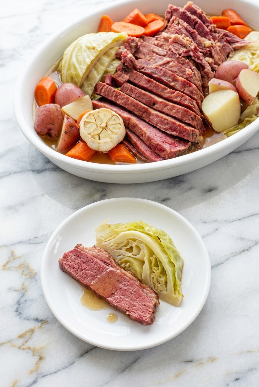 Corned beef recipes slow cooker brisket sliced against the grain in a minimalist ceramic vessel.