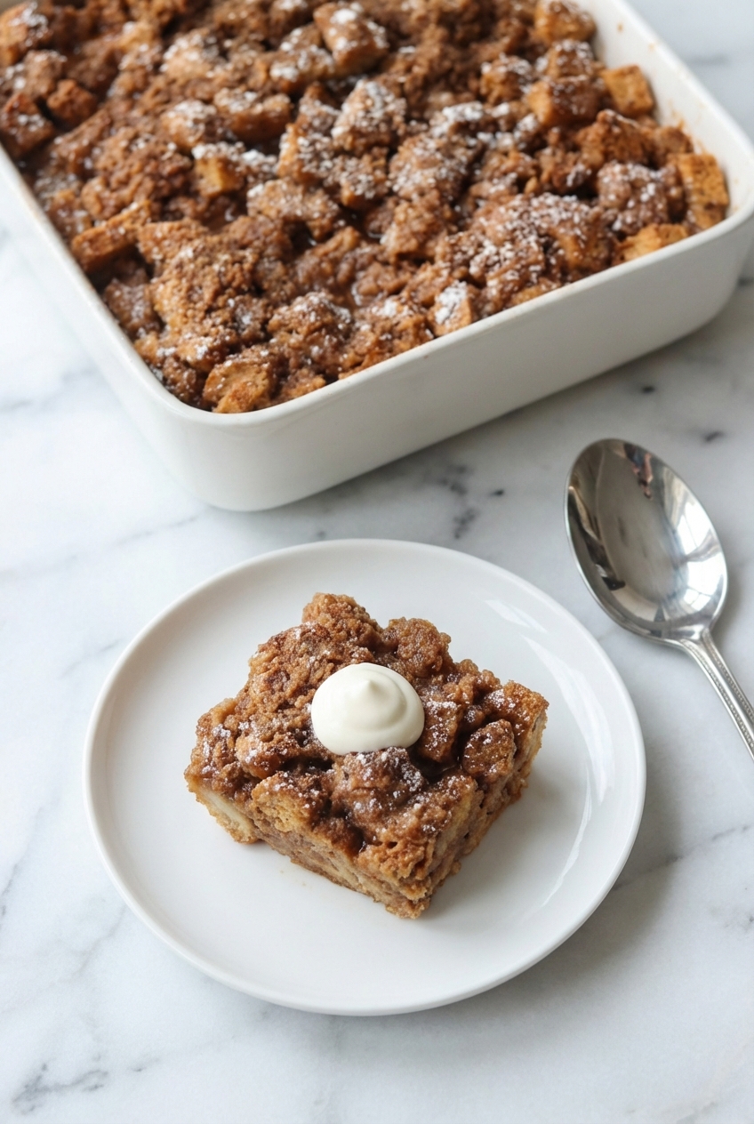 Sourdough French Toast Casserole served under natural window lighting with soft shadows on a white marble countertop.