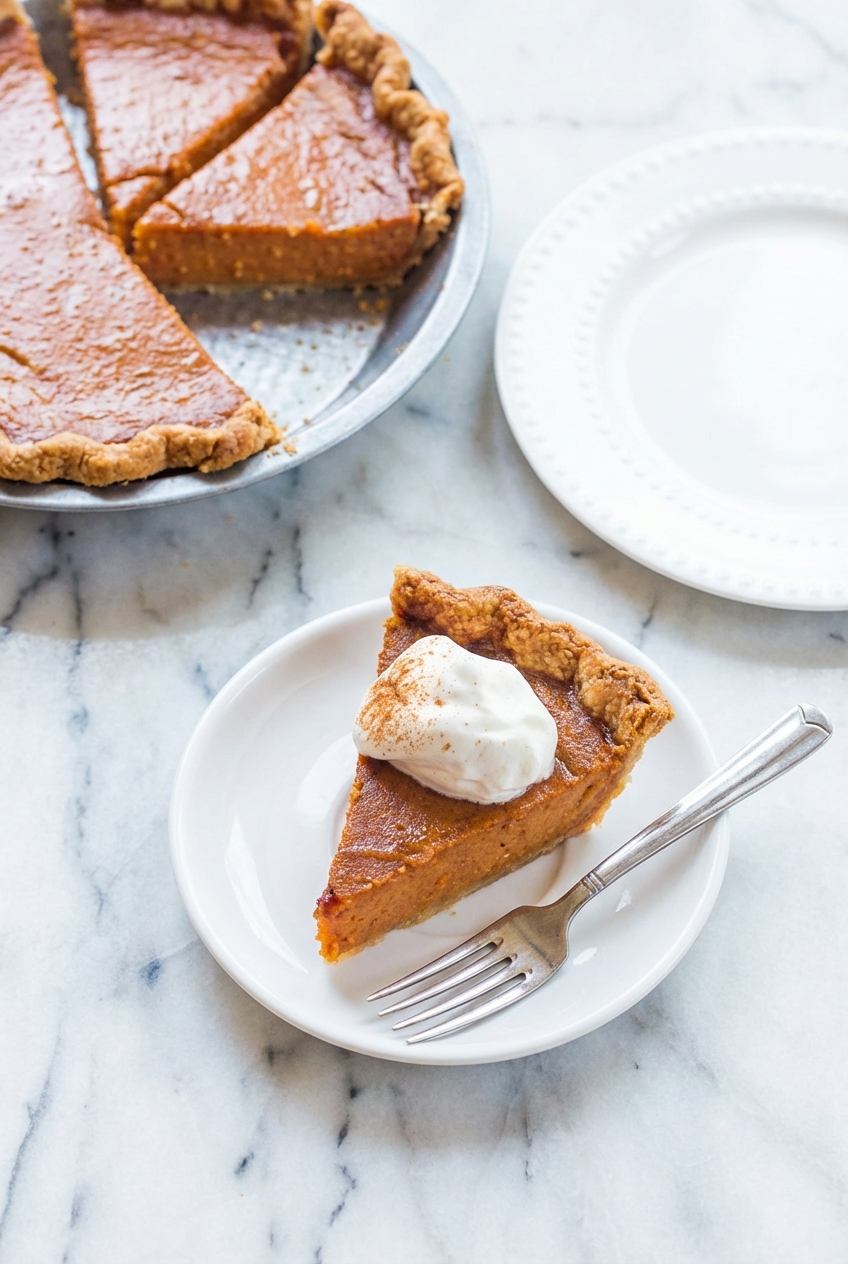 A slice of Sweet Potato Pie served on a white marble surface with soft shadows and minimalist styling.