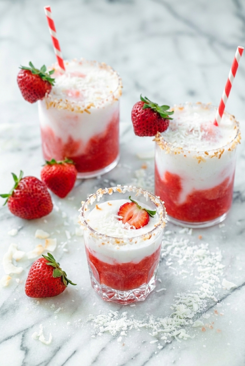 Strawberry Coconut Daiquiri presented in a minimalist glass on a white countertop under soft, natural window lighting.