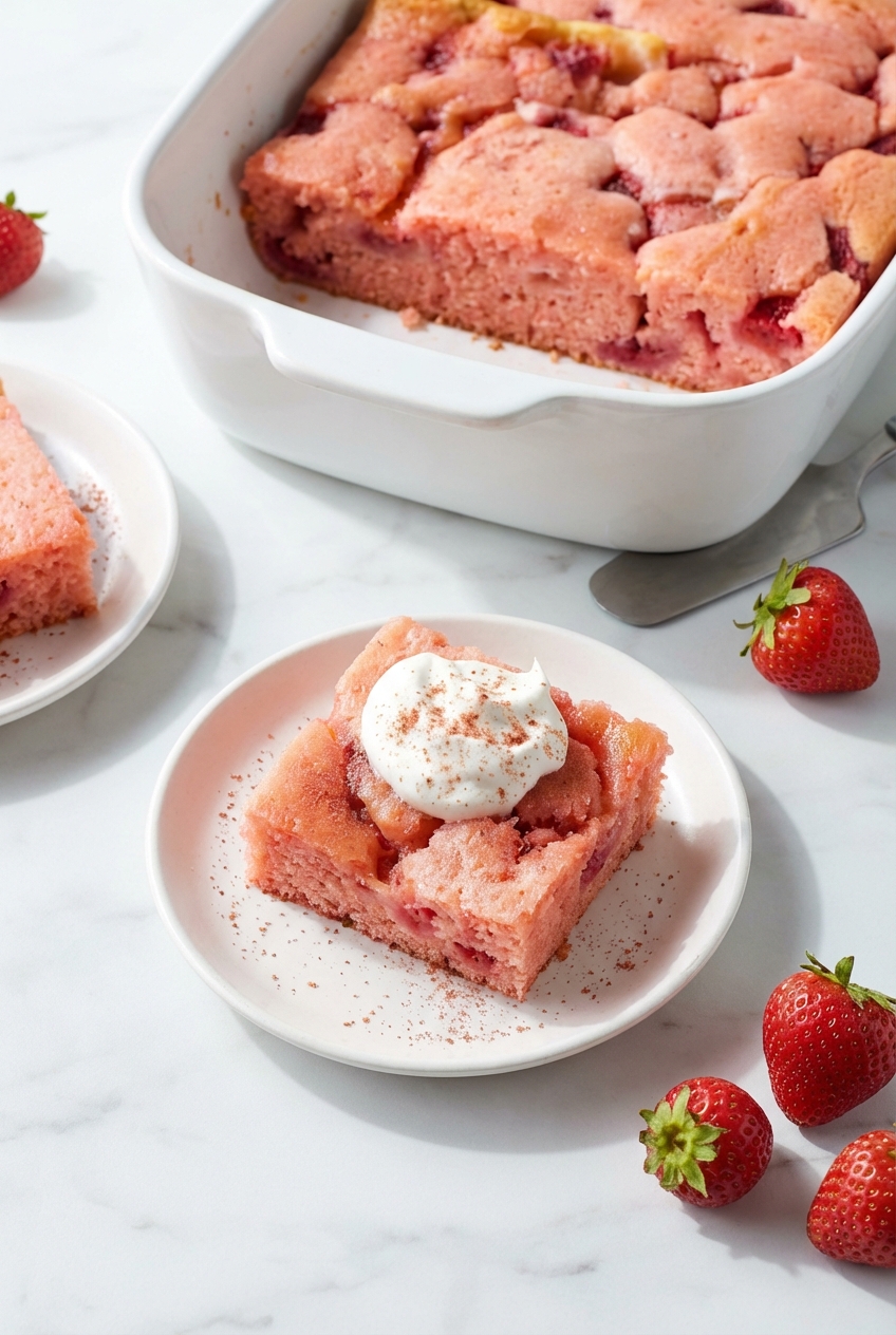 A slice of Strawberry Earthquake Cake served on a white ceramic plate, placed on a marble surface with natural lighting.