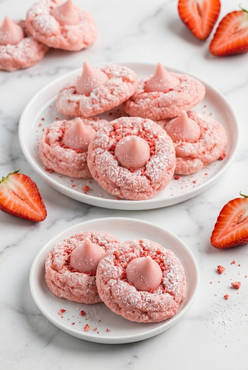 Strawberry Kiss Cookies arranged in a minimalist ceramic vessel on a white marble surface ready for serving.
