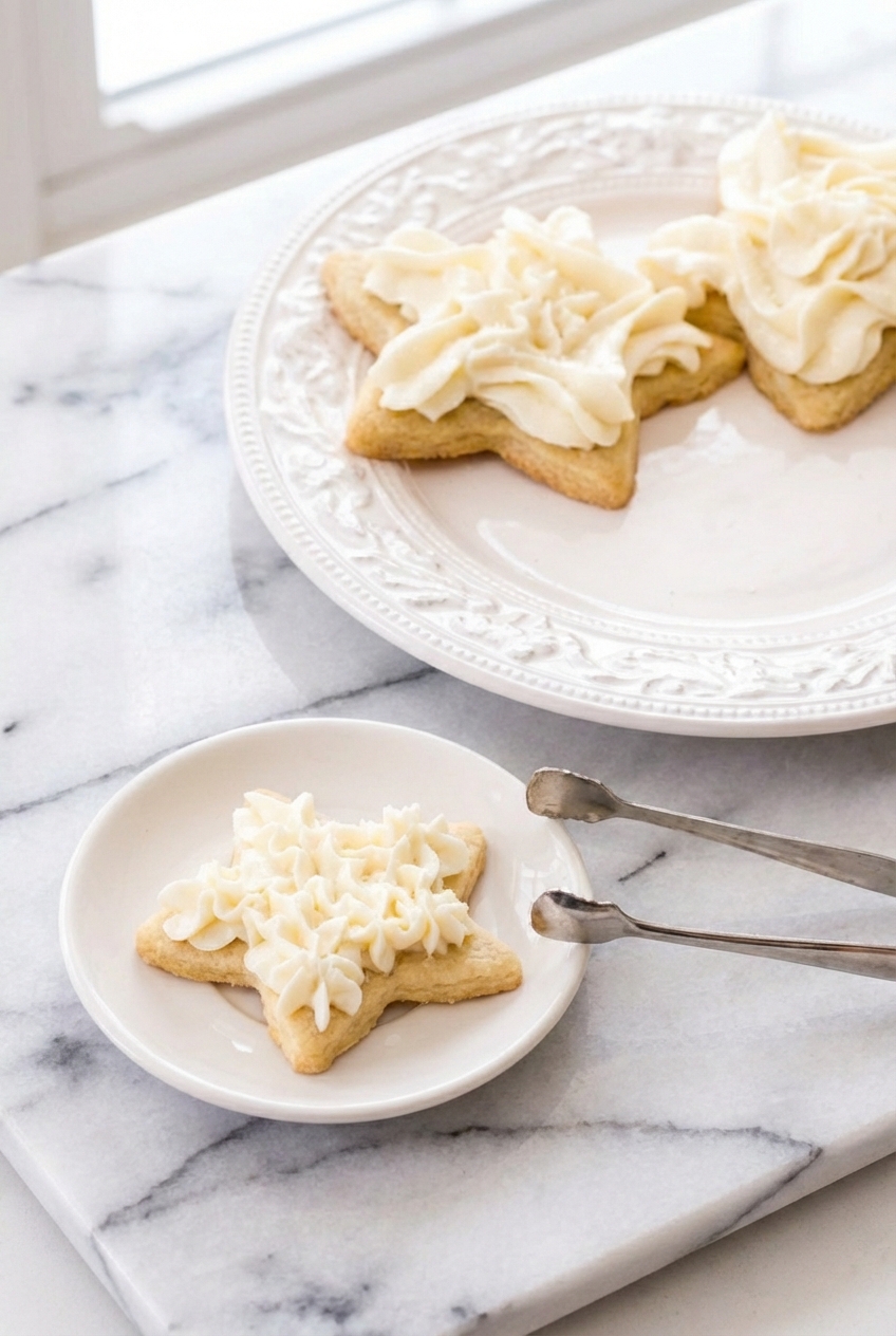 Decorated cookies using Sugar Cookie Frosting Recipe displayed in a minimalist ceramic vessel.