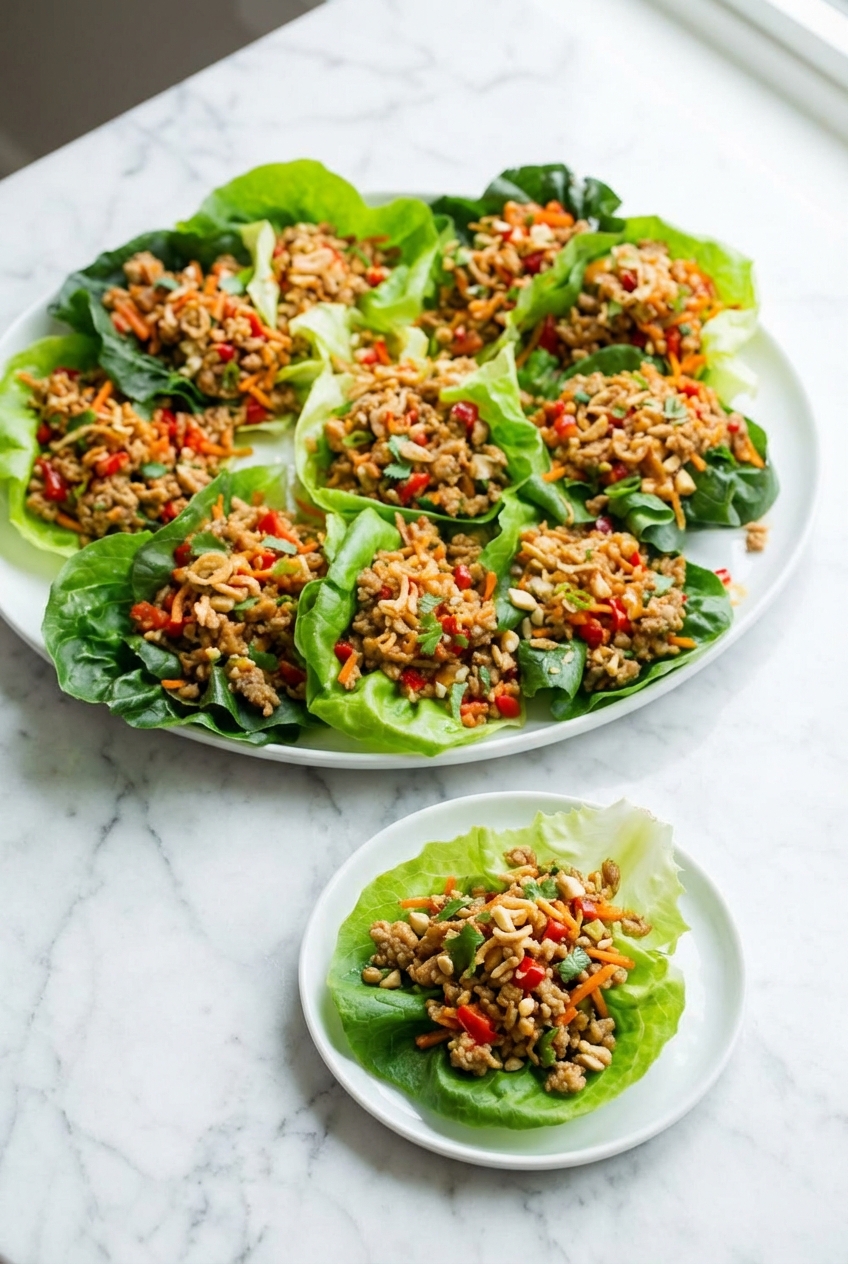 Thai Lettuce Wraps served on a contemporary white marble surface with side bowls of peanut sauce and sambal oelek.