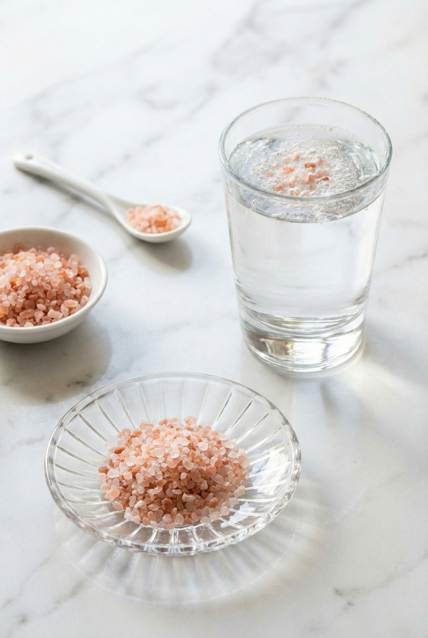 Finished pink salt diet trick recipe drink served in a minimalist vessel on a contemporary countertop.
