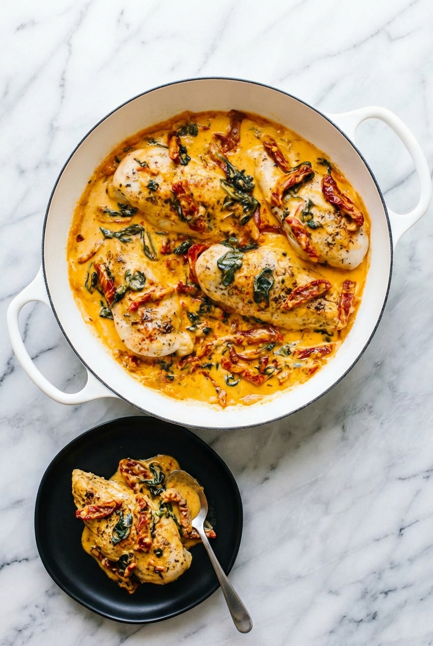 A serving of the tuscan chicken recipe in a minimalist ceramic bowl under soft, natural window lighting.