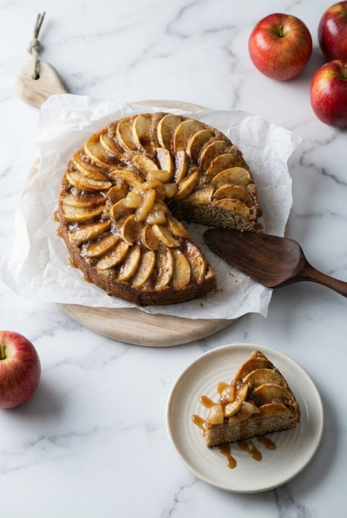 A slice of Vegan Apple Cake with a crispy cinnamon sugar topping served on white marble with soft shadows.