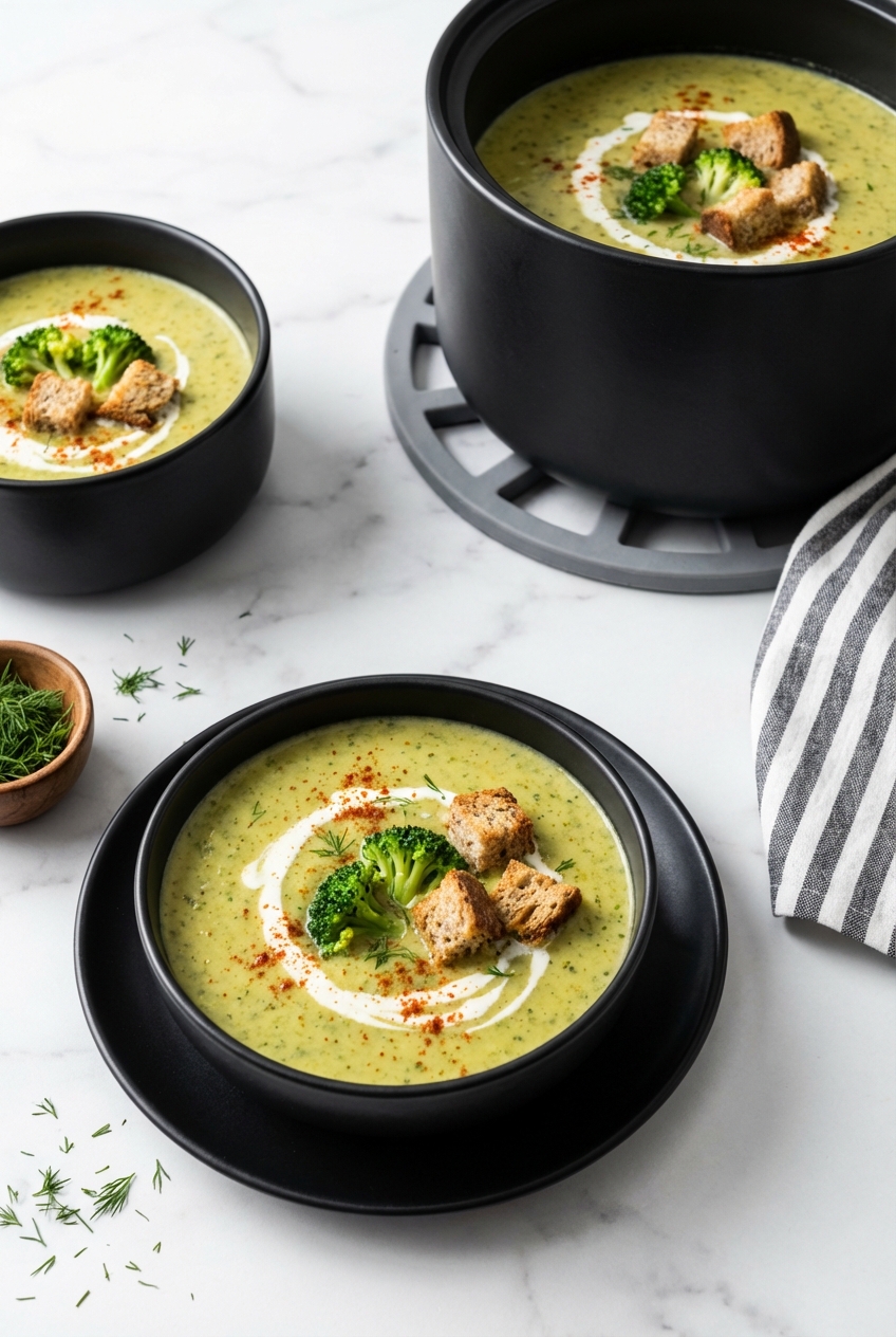 A warm serving of Vegan Broccoli Soup in a minimalist bowl with soft shadows and natural light on a contemporary countertop.