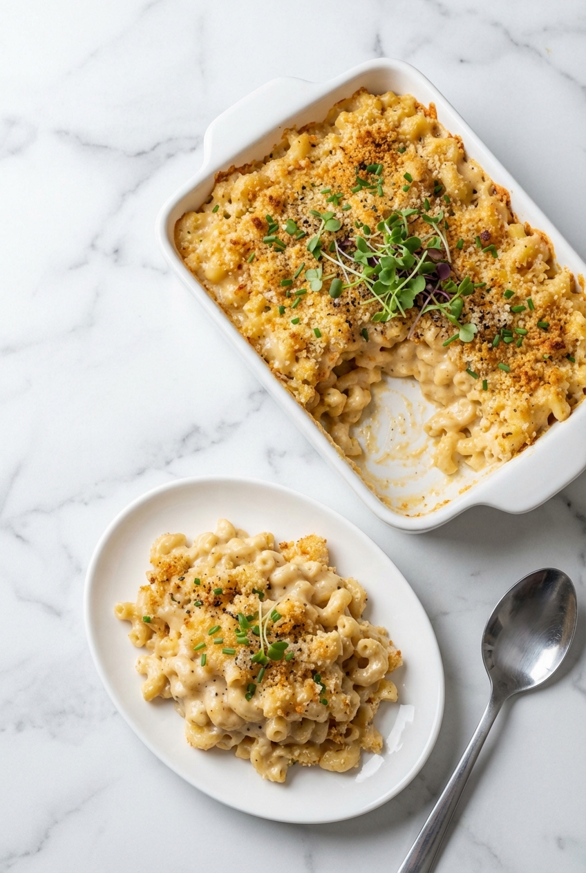 A serving of Vegan Mac and Cheese in a minimalist vessel on a contemporary countertop with soft natural shadows.