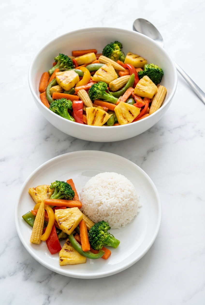 Vegetable Teriyaki Bowl served in a minimalist ceramic vessel with soft shadows on a contemporary countertop.