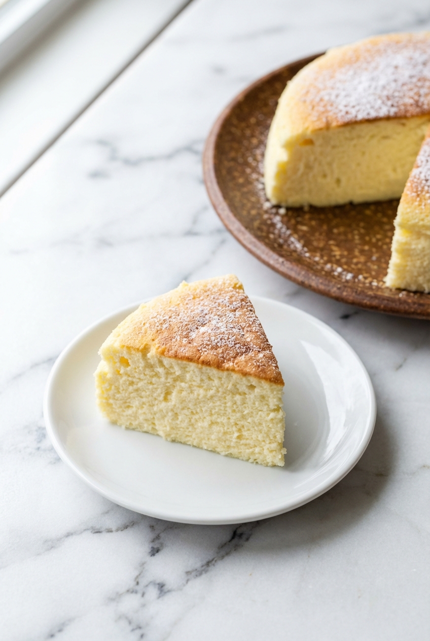 Sliced 3 Ingredient Yogurt Soufflé Cake on a minimalist ceramic vessel, ready for serving in a bright, natural setting.