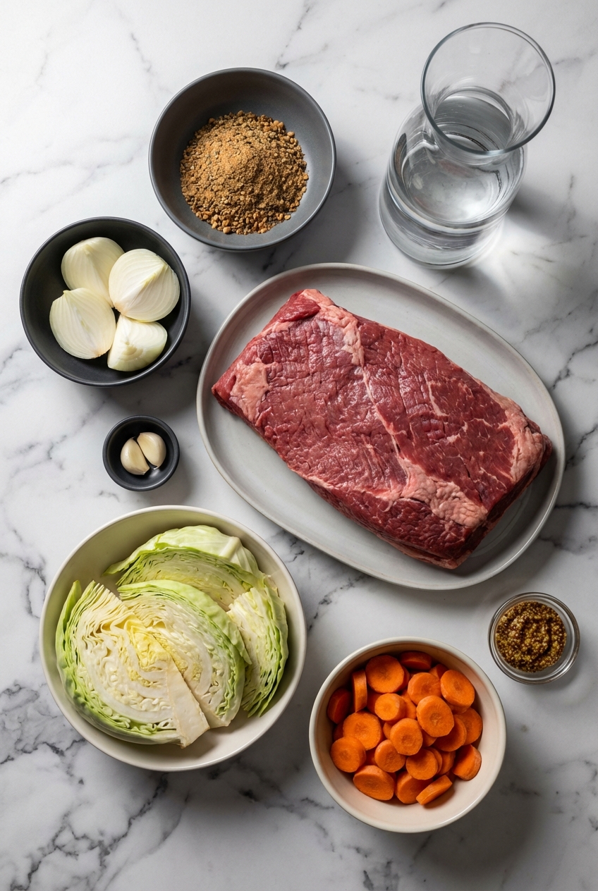 Flat lay of beef brisket, pickling spice, and cabbage for corned beef recipes slow cooker on marble.