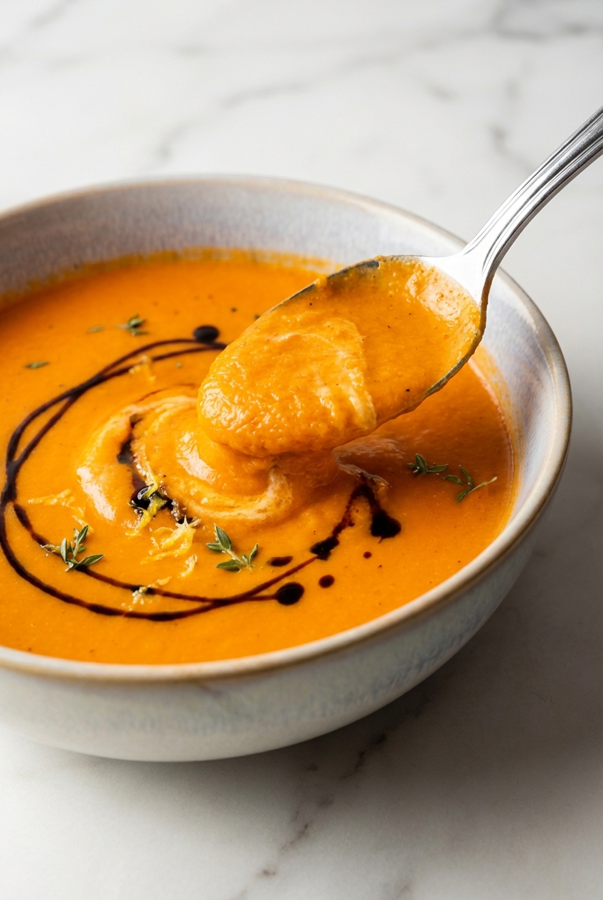 Close-up of the smooth emulsification of Roasted Red Pepper Soup in a pot, highlighting the silky texture from an immersion blender.