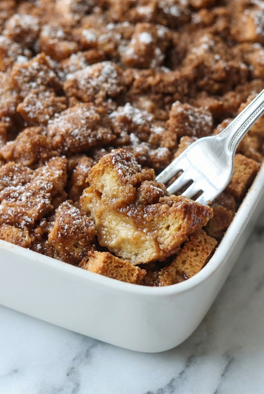Close-up of the Maillard reaction on sourdough bread cubes with a crispy streusel topping in a minimalist ceramic vessel.
