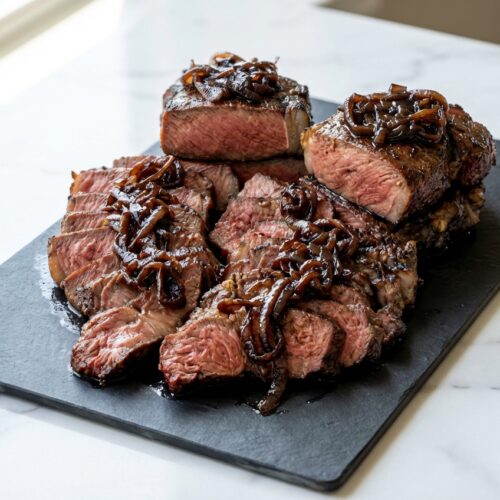Thick steak caramelized onion with a rich Maillard reaction crust and dark espresso-infused topping on white marble.