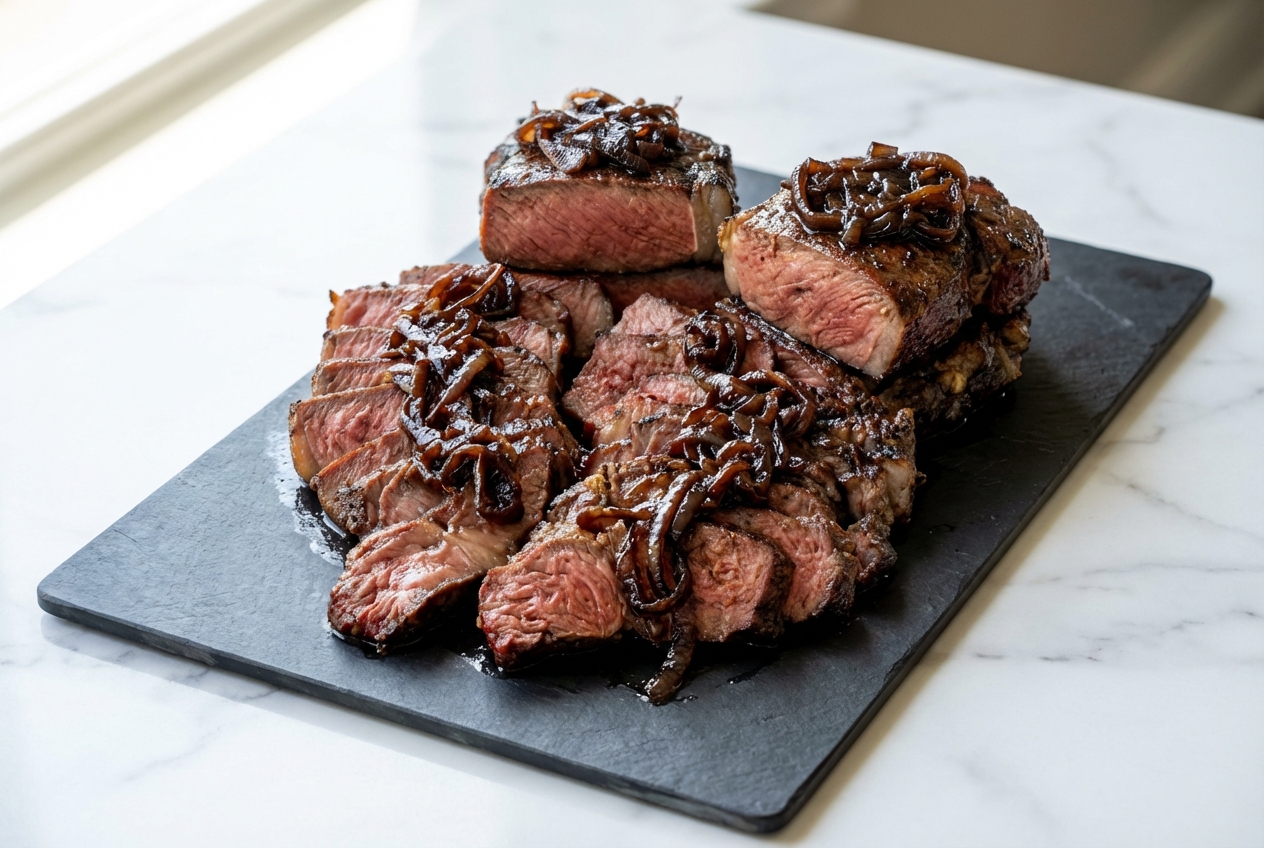 Thick steak caramelized onion with a rich Maillard reaction crust and dark espresso-infused topping on white marble.