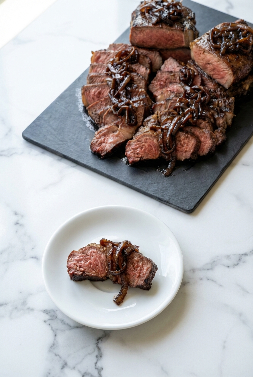Close-up of slicing a steak caramelized onion to reveal a tender interior on a contemporary countertop with natural lighting.