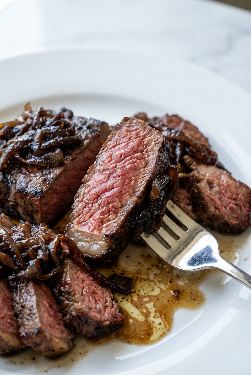 Rested steak caramelized onion showing a glistening surface and espresso-infused onions in a minimalist ceramic vessel.