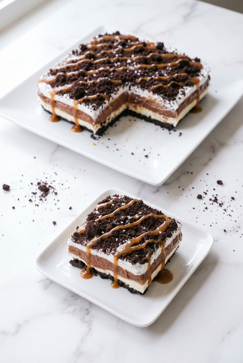 Creamy Oreo Lasagna in a 9x13 baking dish with smooth layers and soft shadows from natural window lighting.