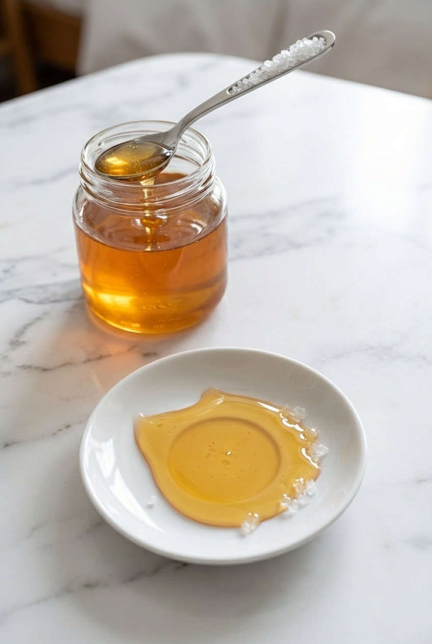 Prepared honey spoons on a white marble surface, demonstrating easy serving and storage for a consistent sleep routine.
