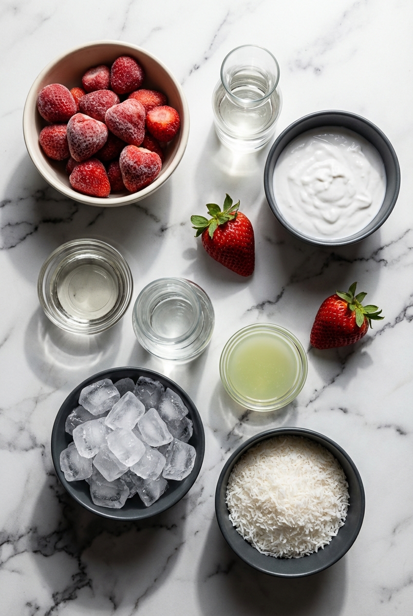 Flat lay of ingredients for Strawberry Coconut Daiquiri including frozen strawberries, white rum, and lime juice on a contemporary surface.