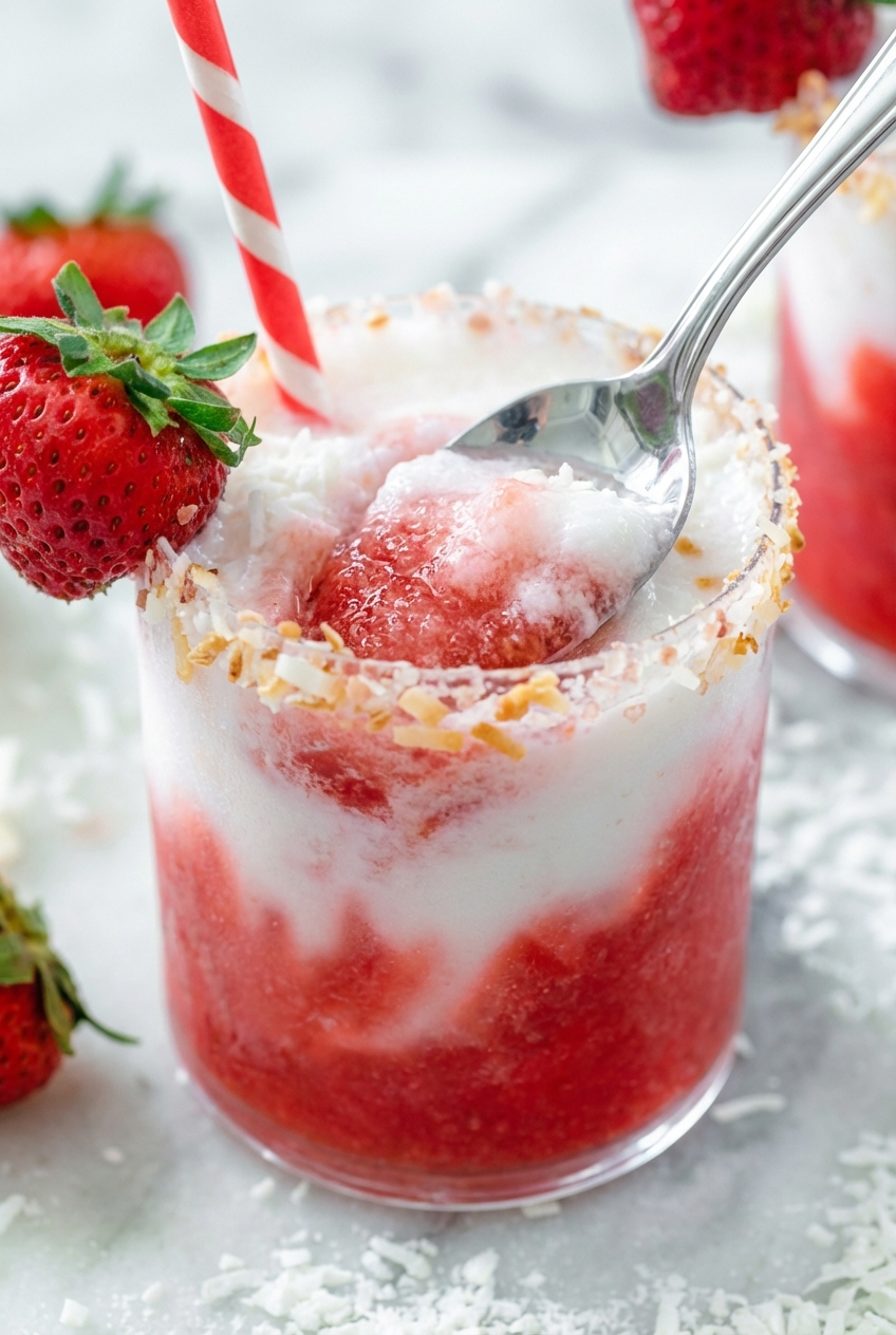 Macro view of the thick slushy texture of a Strawberry Coconut Daiquiri showing the fine ice crystals and rich pink color.