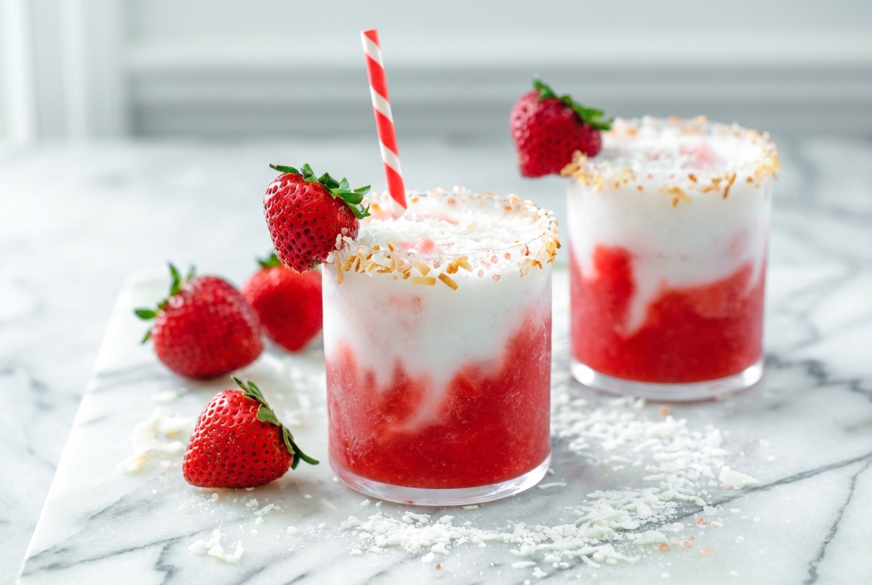 Strawberry Coconut Daiquiri in a hurricane glass with a toasted coconut and Himalayan sea salt rim on white marble.