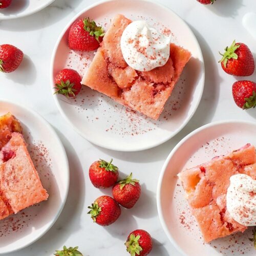 Strawberry Earthquake Cake with a pink almond-scented cream cheese swirl on a white marble surface under natural light.