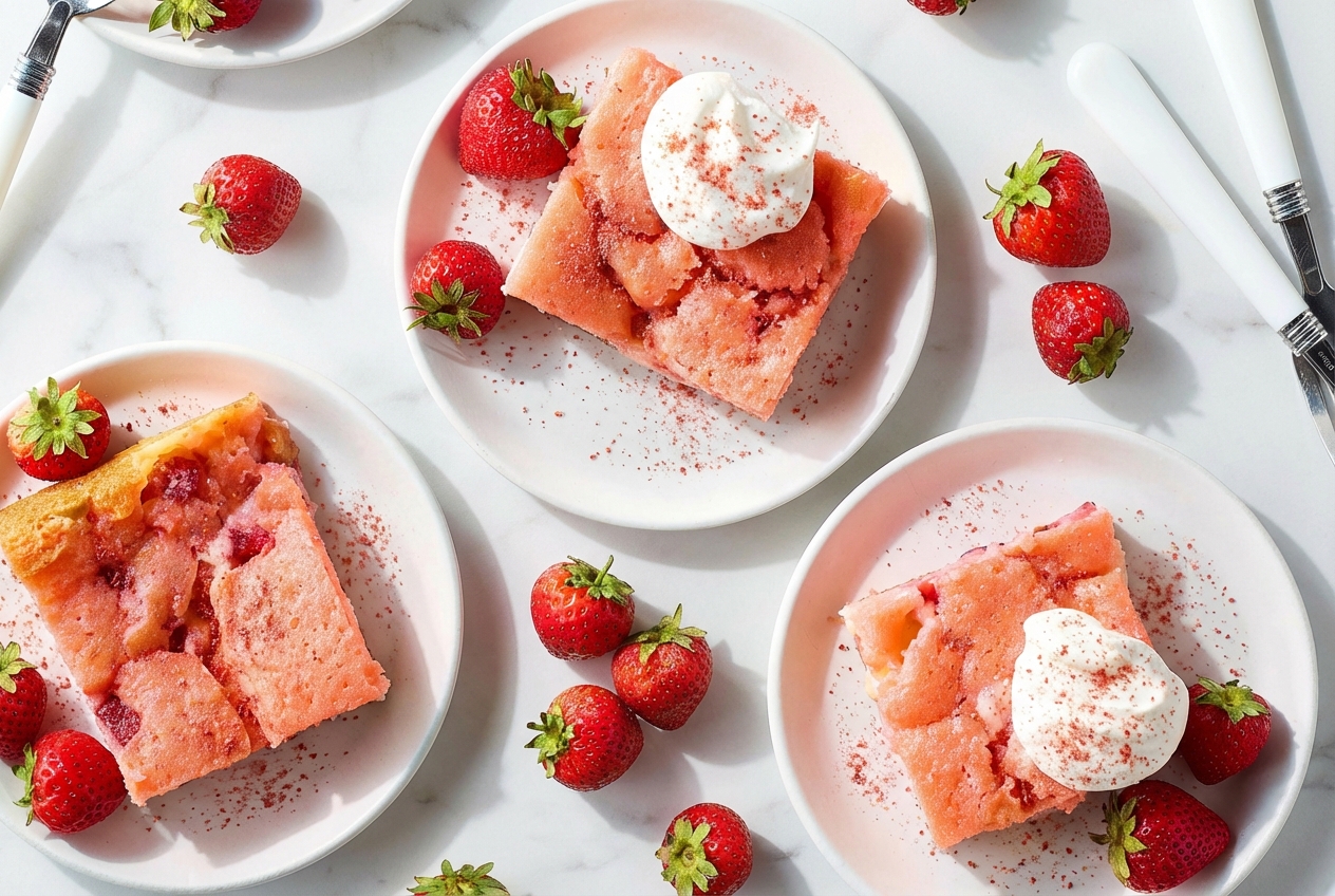 Strawberry Earthquake Cake with a pink almond-scented cream cheese swirl on a white marble surface under natural light.