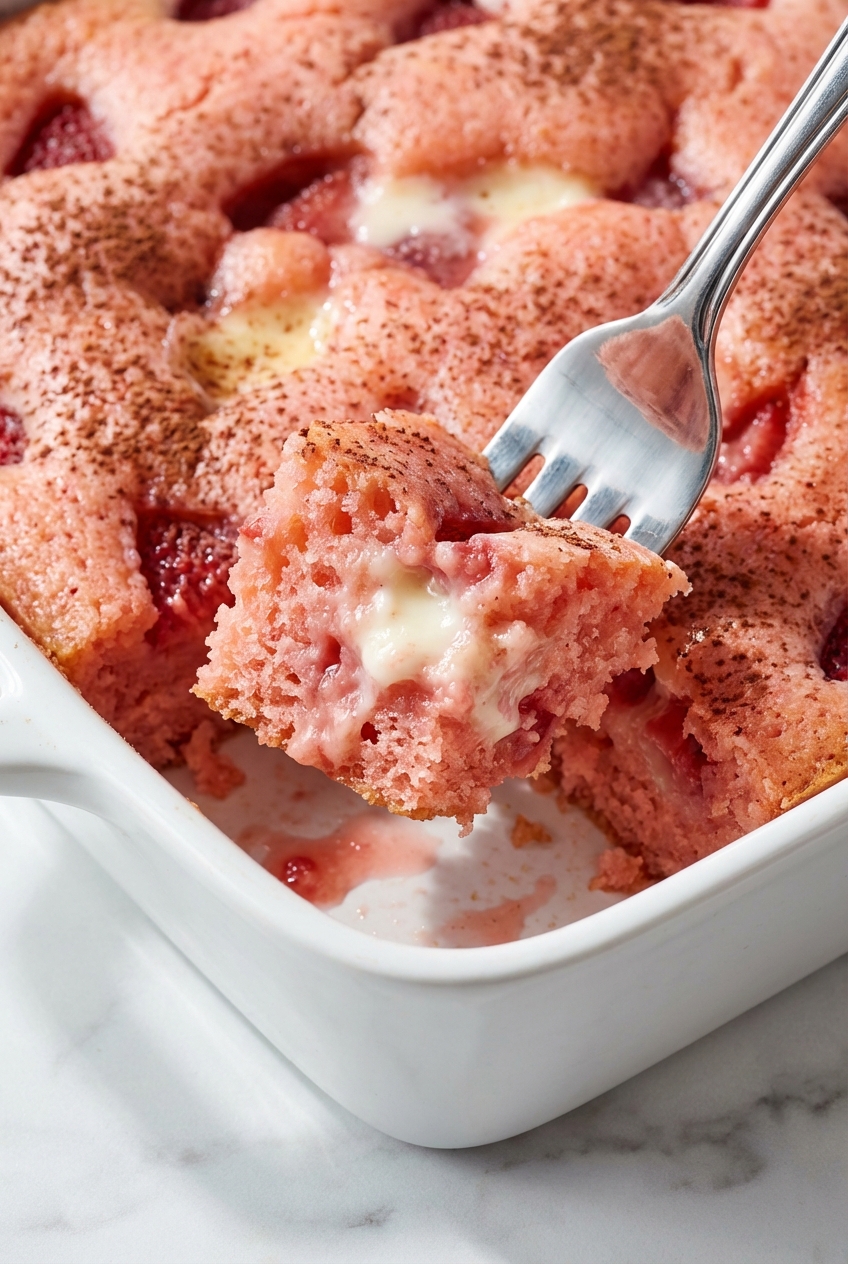 Close-up of the cratered surface of a Strawberry Earthquake Cake in a minimalist ceramic dish with soft window shadows.