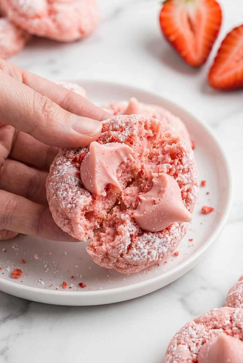 Detailed view of Strawberry Kiss Cookies on parchment paper with soft shadows and natural window lighting for a professional finish.