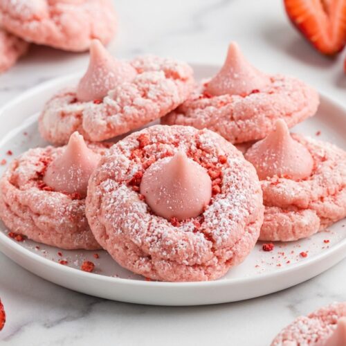 Strawberry Kiss Cookies on a white marble surface, coated in a vibrant pink fruit dusting and topped with a chocolate kiss.