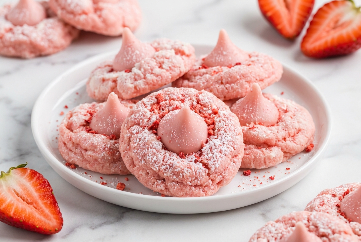 Strawberry Kiss Cookies on a white marble surface, coated in a vibrant pink fruit dusting and topped with a chocolate kiss.