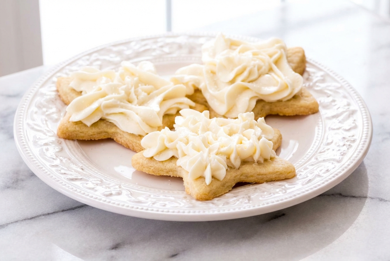 Smooth Sugar Cookie Frosting Recipe with a glossy sheen from corn syrup on a white marble surface.