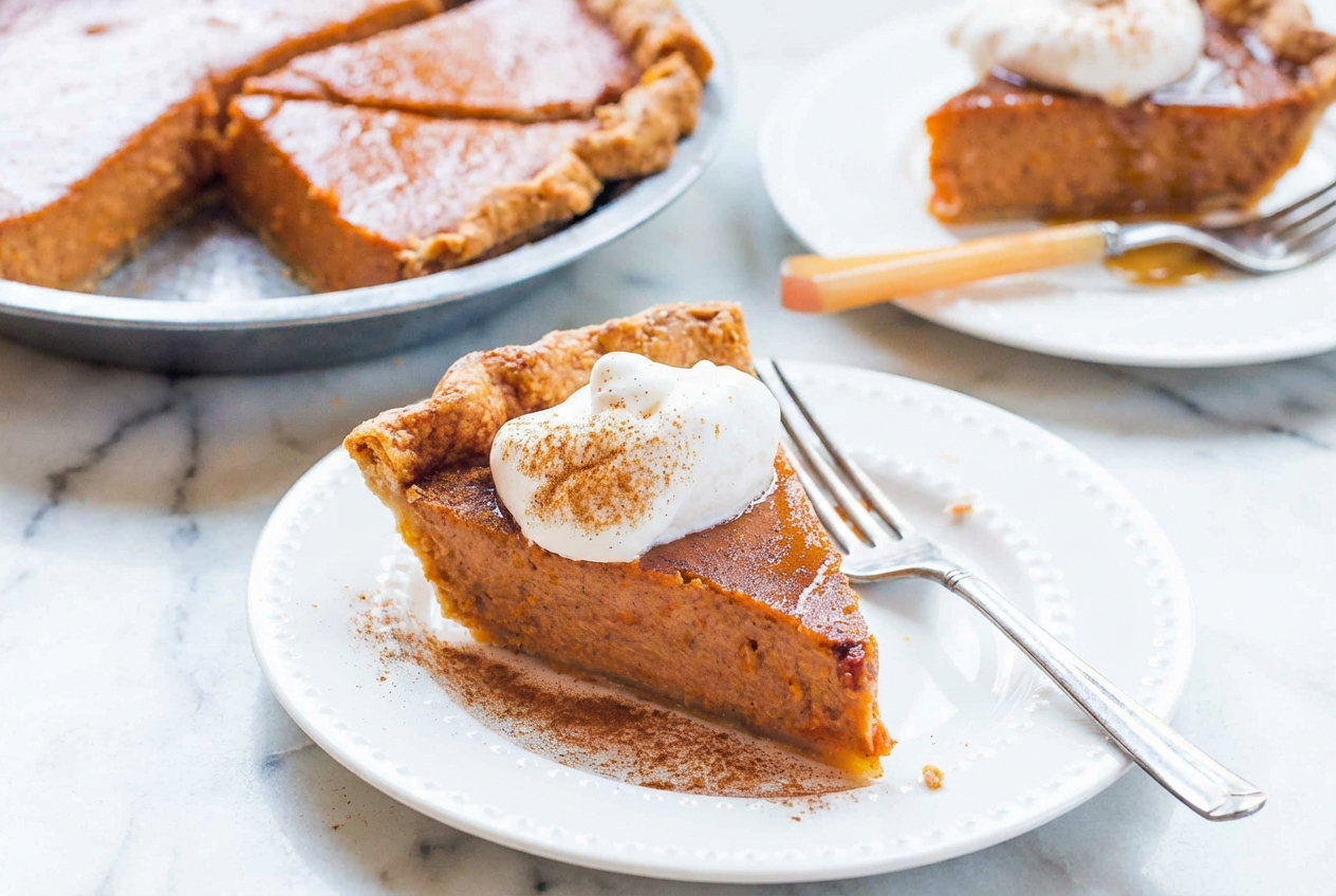 Sweet Potato Pie with brown butter and smoked bourbon infusion on a white marble surface with natural window lighting.