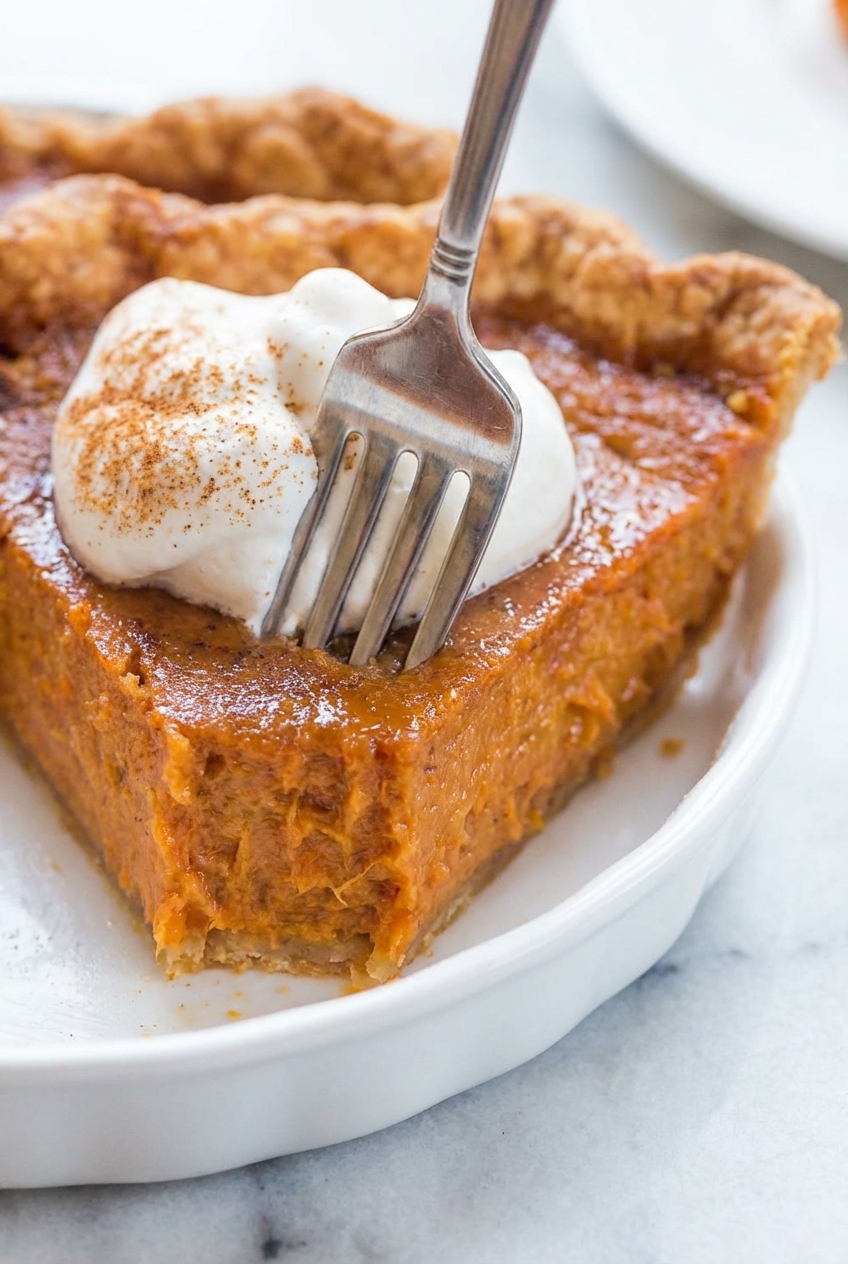 Close-up of the smooth, creamy Sweet Potato Pie custard showing fine texture on a minimalist ceramic vessel.