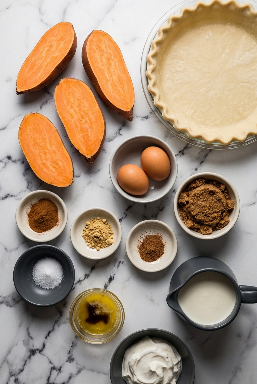 Flat lay of sweet potatoes, brown sugar, cinnamon, and nutmeg for Sweet Potato Pie on a contemporary white countertop.