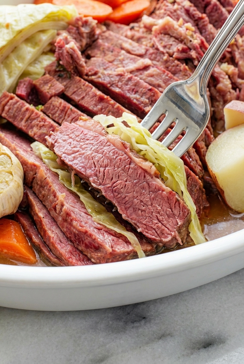 Close-up of tender beef brisket texture from corned beef recipes slow cooker showing collagen breakdown.