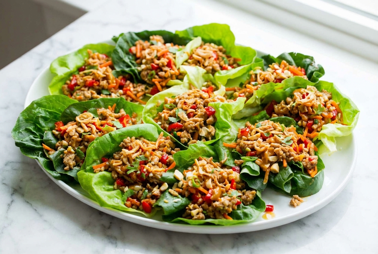 Thai Lettuce Wraps with minced lemongrass and crispy fried shallots on a minimalist ceramic plate over a white marble surface.