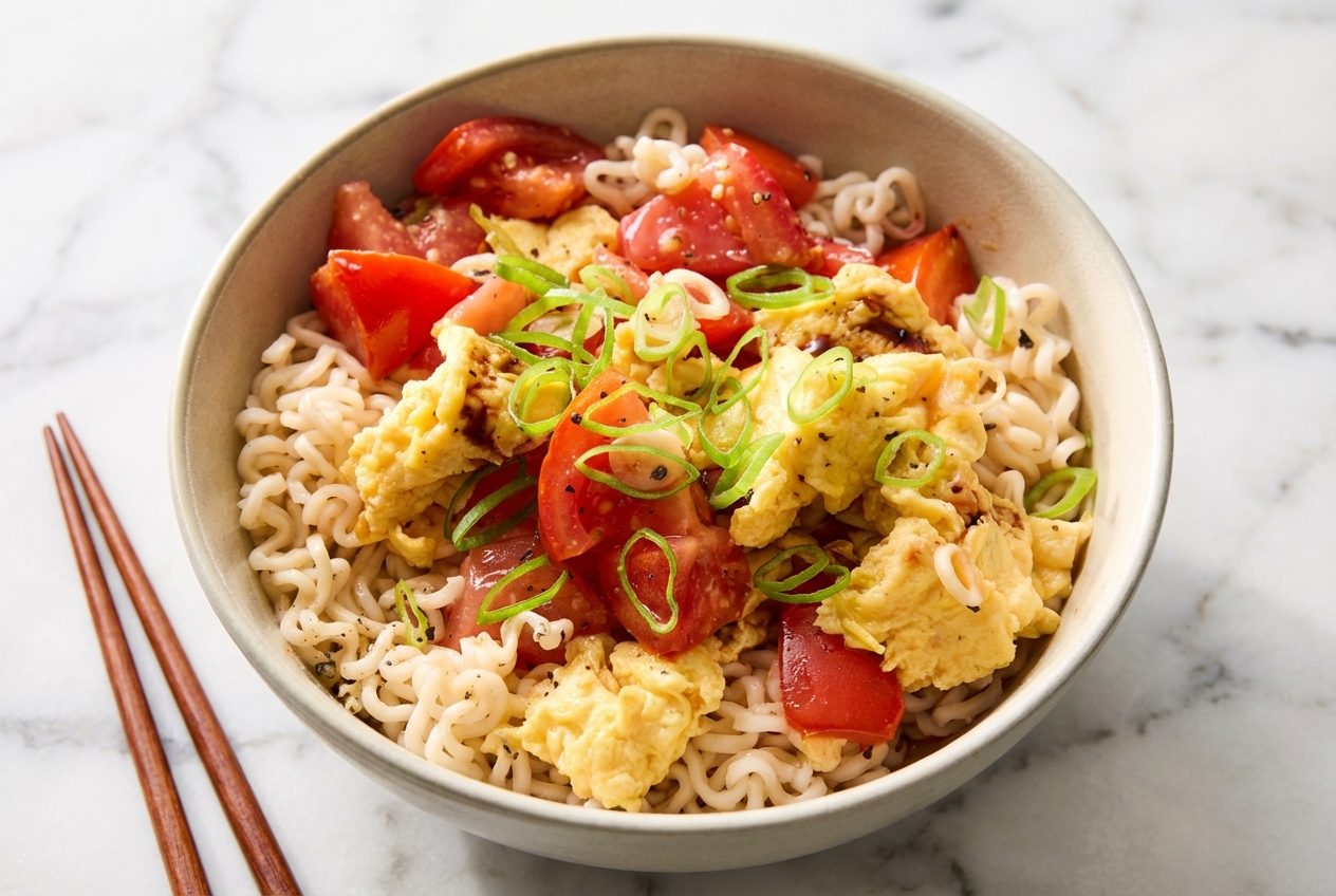 Al dente tomato and egg pasta with a tomato paste bloom in a ceramic bowl on white marble with soft shadows.