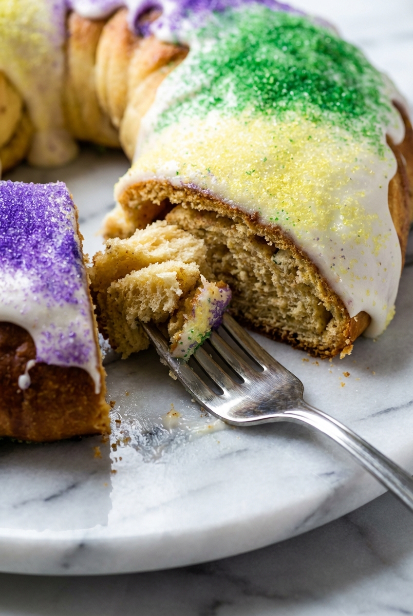 Close-up of the Traditional King Cake ring texture showing the braided brioche dough and golden crust under soft window lighting.