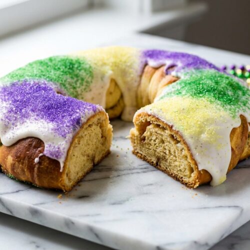 Traditional King Cake with brown butter glaze on a minimalist ceramic plate over a white marble surface in natural light.