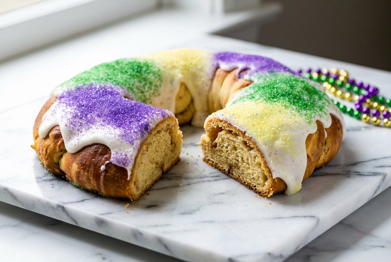 Traditional King Cake with brown butter glaze on a minimalist ceramic plate over a white marble surface in natural light.