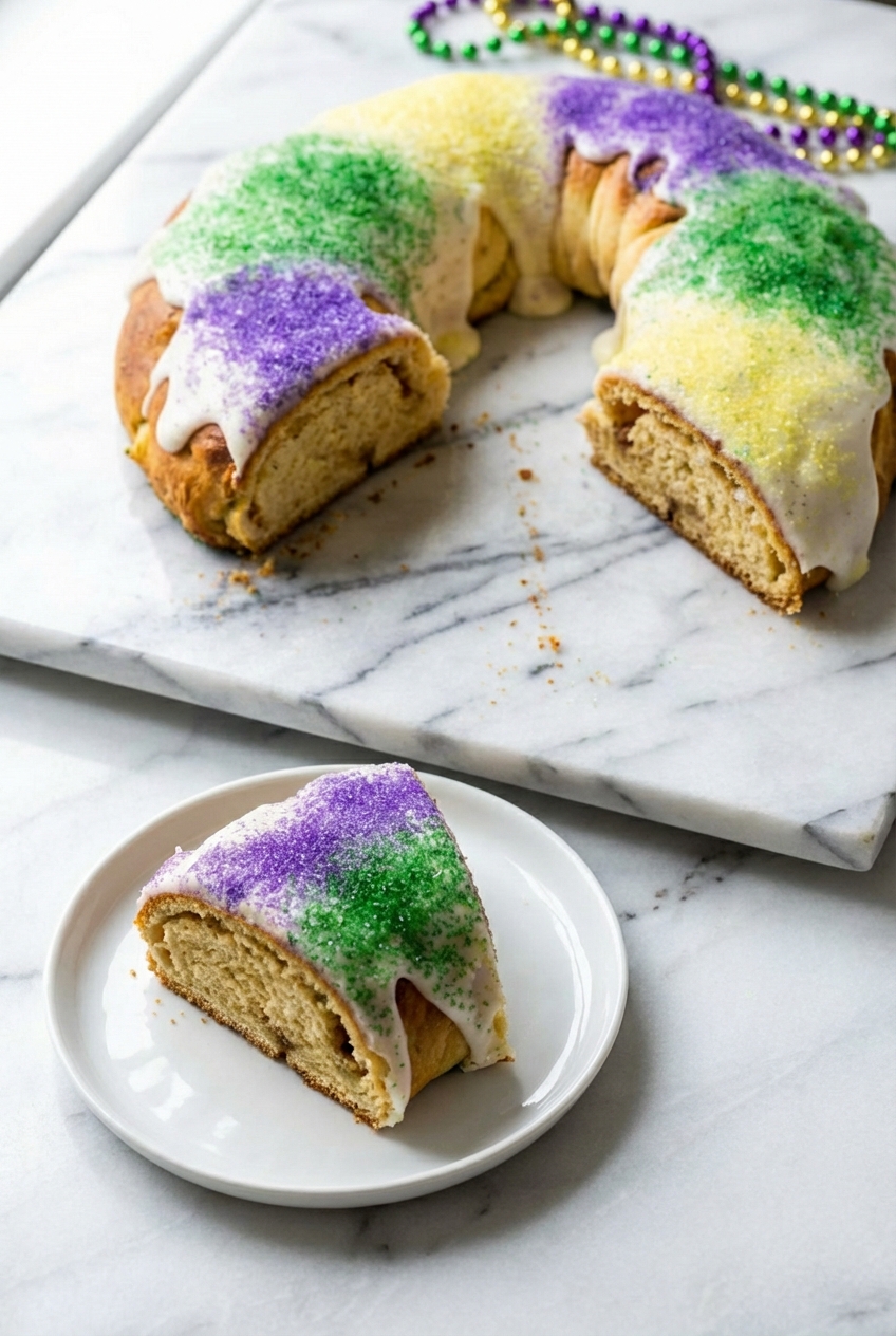 Traditional King Cake served in a lifestyle setting for Mardi Gras on a minimalist ceramic vessel with natural shadows.