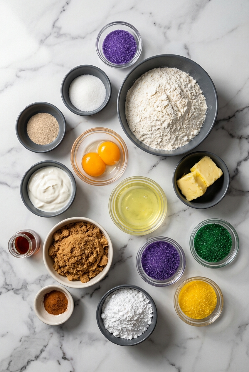 Flat lay of Traditional King Cake ingredients including active dry yeast, cinnamon filling, and sanding sugar on a contemporary countertop.